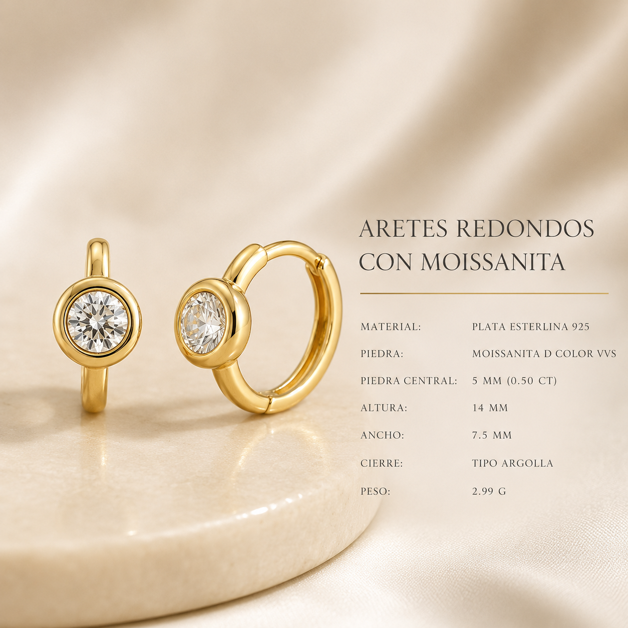 Aretes Redondos de Moissanita en Plata 925