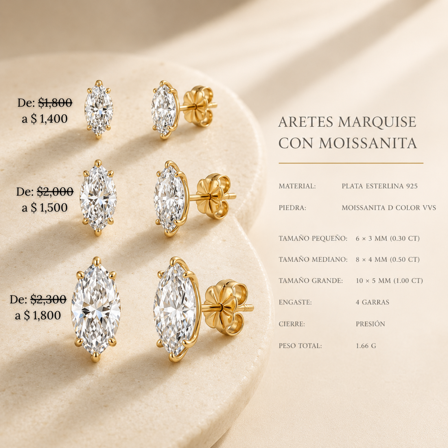 Pendientes Marquesita de Moissanita Color D VVS en Plata Esterlina 925