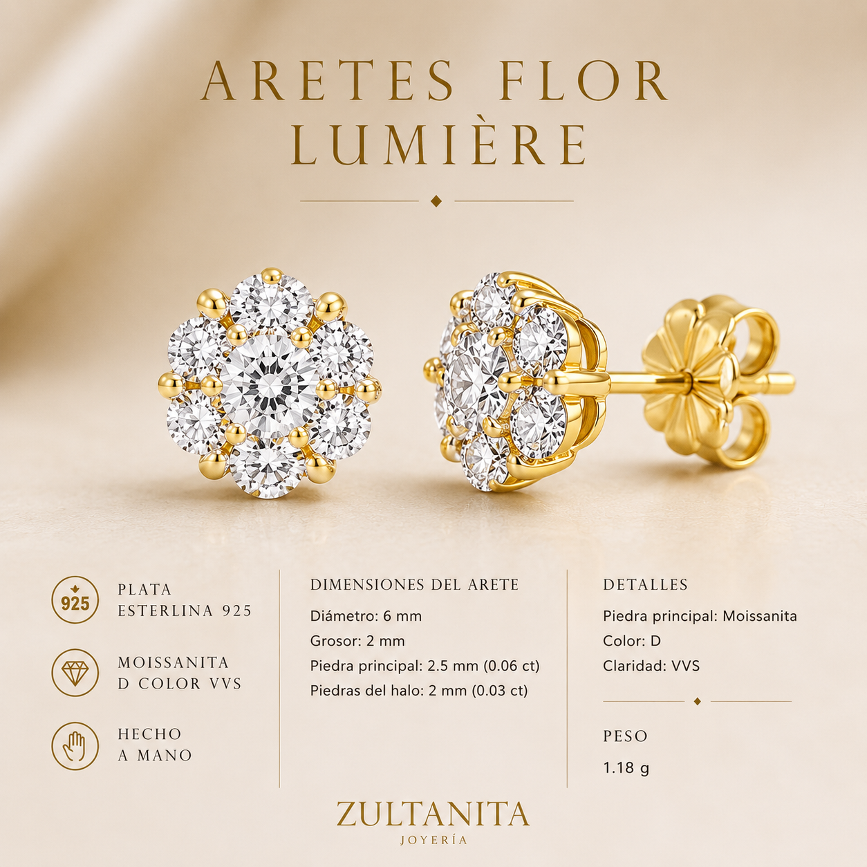 Aretes Florales de Moissanita en Plata 925