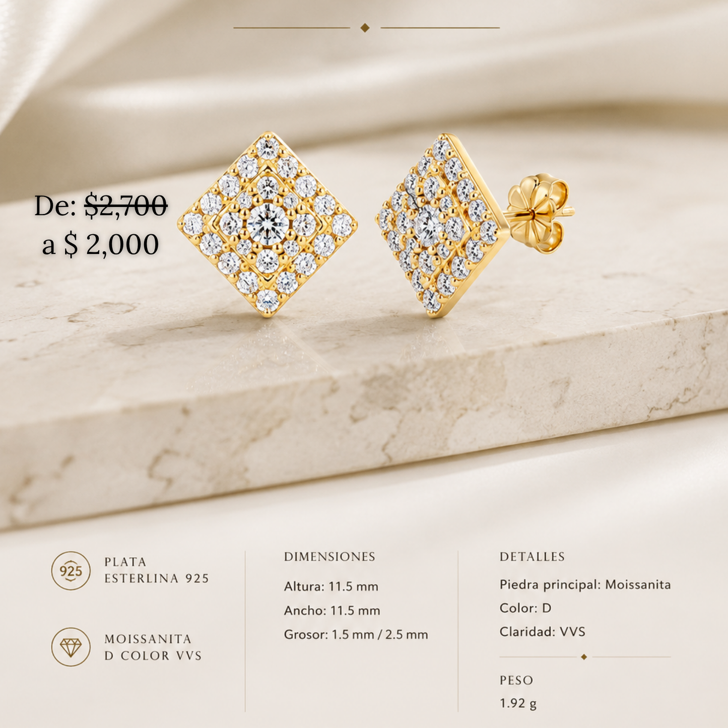 Aretes Cuadro Imperial con Moissanita en Plata Esterlina 925