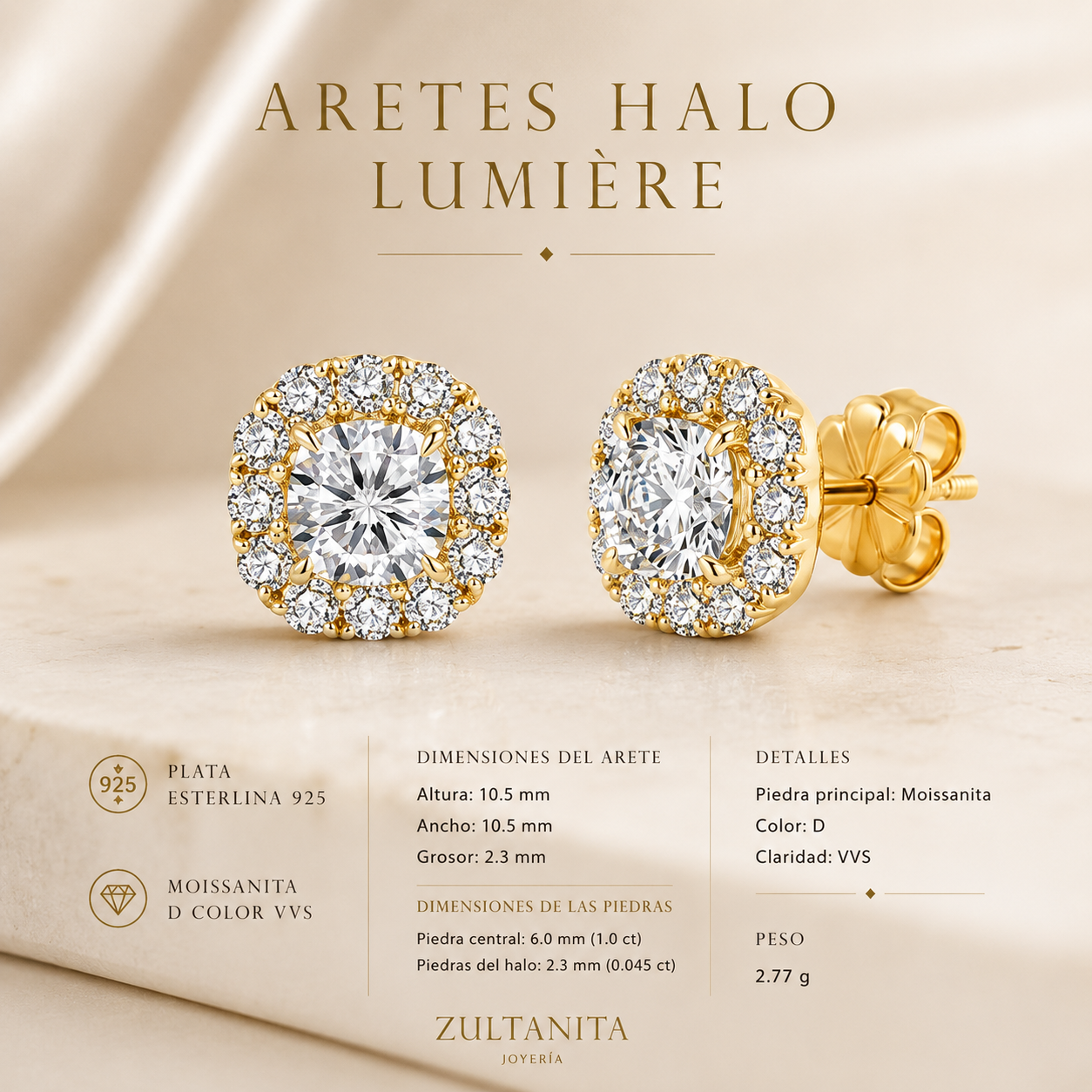 Aretes Halo Lumière de Moissanita Color D VVS en Plata Esterlina 925