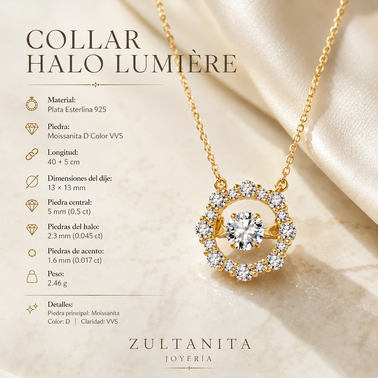 Collar Halo Lumiere de Moissanita con Piedra Danzante en Plata 925