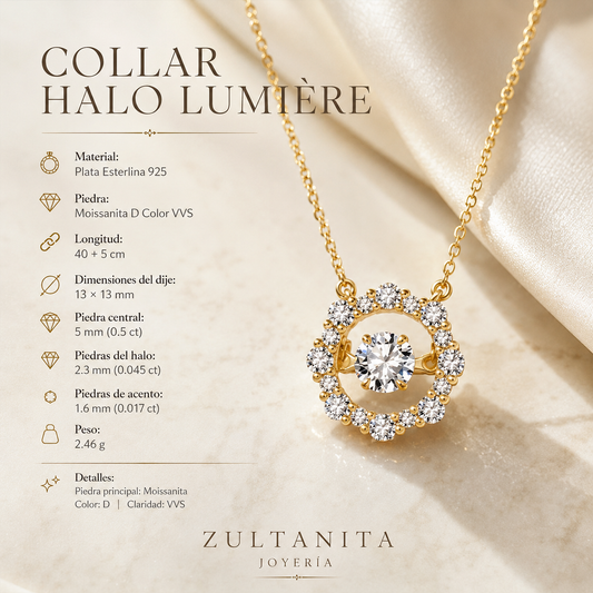 Collar Halo Lumiere de Moissanita con Piedra Danzante en Plata 925