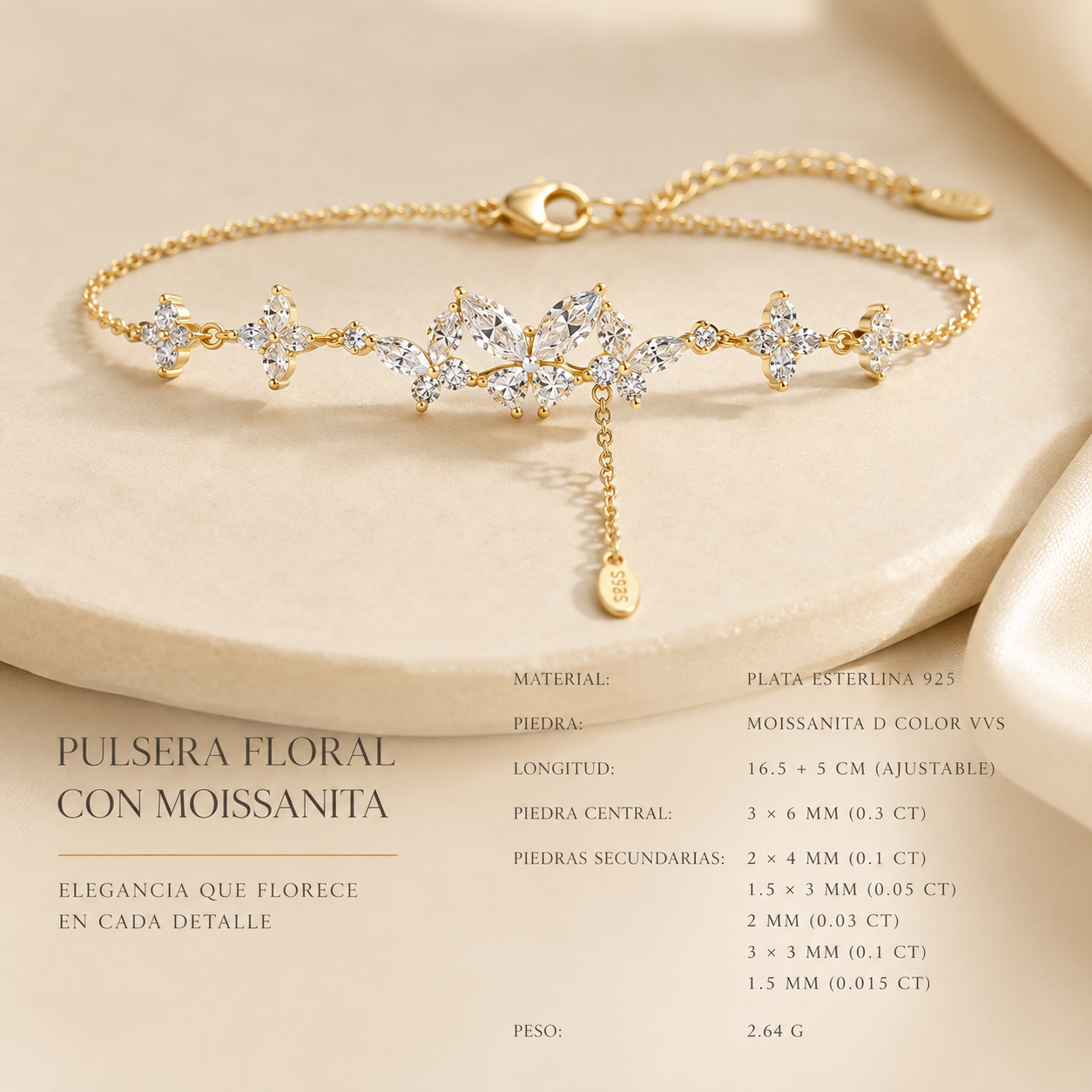 Pulsera Floral de Moissanita en Plata 925