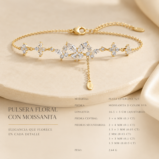 Pulsera Floral de Moissanita en Plata 925