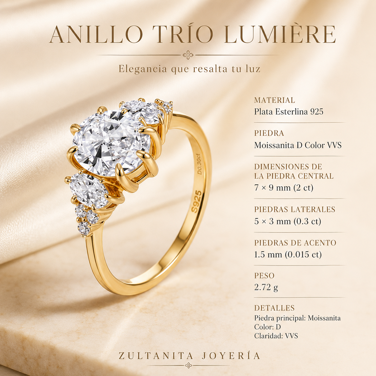 Anillo Triple Moissanita en Plata 925